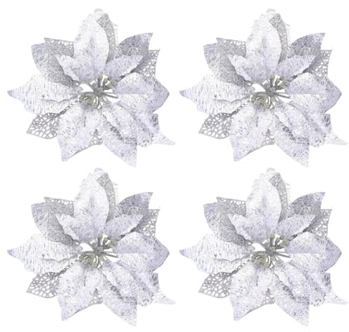 4 stücke lebendige weihnachtsblume künstliche weihnachtsstern weihnachtsbaumschmuck (Silber)