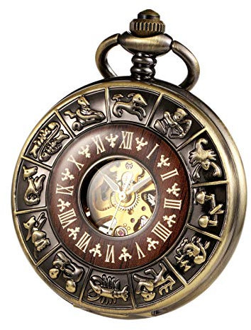 TREEWETO Unisex Holz Taschenuhr mit Kette Analog Handaufzug Römische Ziffern Mechanisch Steampunk Skelett Für Mann Damen mit Kette & Geschenk-Box