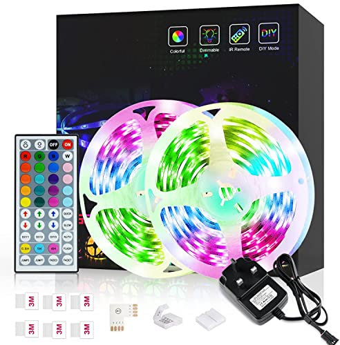 Romwish 10m LED Strip Lights Kit, RGB Colour Changing Flexible Light Strip with 44-Key IR Remote, 24V 5050 LED Tape for Bedroom, TV, Kitchen, Party Decoration