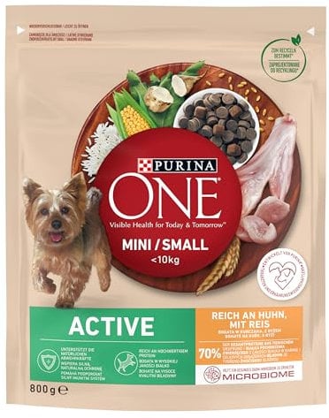 PURINA ONE Mini/Small Active Hundefutter trocken für kleine Hunde, reich an Huhn & Reis, 8er Pack (8 x 800g)