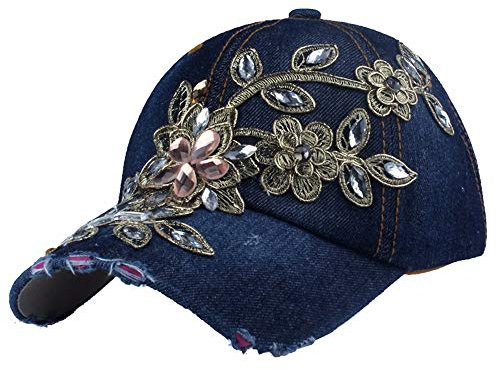 Cheerlife Basecap Damen Jeans Baseball Cap Mütze Kappe mit Blume Strass Sonnenhut Hip Hop Hut für Outdoor Sport Reisen (Dunkelblau)