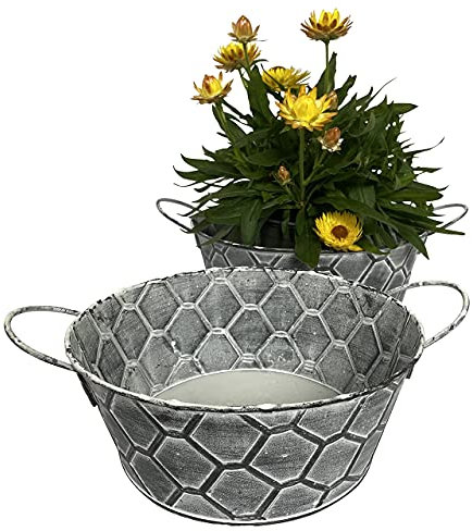 2 Blumentöpfe, Schalen aus Zink, Weiß, Silber im Vintage Design - Garten Blumentopf Set (2 x Rund P40)