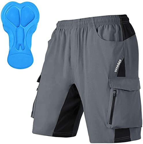 VAYAGER MTB Hose Herren Kurz Radhose, 3D Gepolstert Fahrradhose Mountainbike Fahrrad Shorts für Herren, Schnelltrocknende Outdoor Radlerhose MTB Bike Shorts(Grey-L)