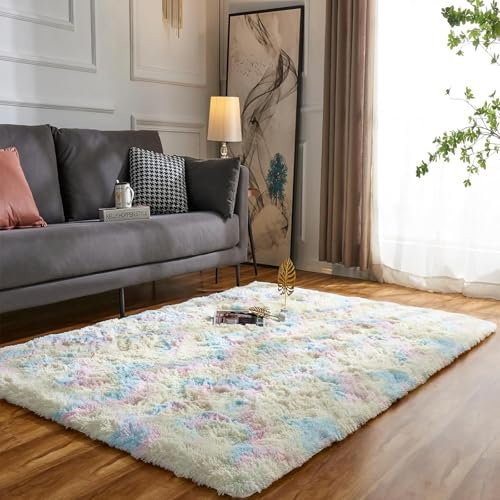 Evitany Teppich Schlafzimmer,Flauschiger Waschbarer Regenbogen Teppich Wohnzimmer,Superweicher Zottelteppich,Teppiche für Kinderzimmer,Büro,Lounge(Regenbogen,90x160 cm)