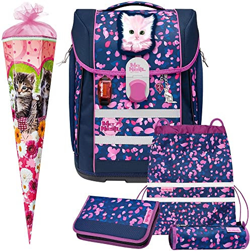 Primus-Versand DREAM - Katze - McNeill McLight 2 mit McAddy Schulranzen-Set 7tlg. mit SCHLÜSSELANHÄNGER und LEUCHTANHÄNGER - SCHULTÜTE GRATIS DAZU, 9654236000, Blau / Rosa, H 38 x B 30 x T 22cm