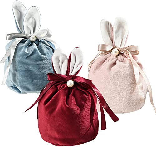 BEE&FLOWER Ostern Samt Säckchen mit Ohren Osternest 3 Stück Set Alternatives Osternest im Osterhasen Design mit Perlen wiederverwendbar Osterkörbchen zum Befüllen