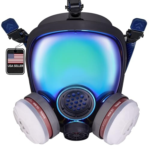 Parcil Distribution PD-100 Arctic Blue Mirrored Full Face Organic Vapor & Particulate Atemschutzmaske – Dual-Aktivkohle-Filtration – Vollgesichts-Augenschutzmaske