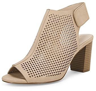 Coutgo Peep Toe Booties Women Heels Chunky Block High Heeled Sandals Ankle Strap Open Toe Boots,Nude,Size 8