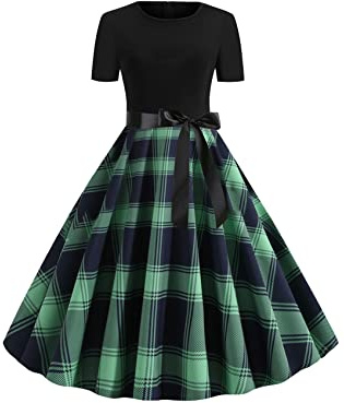 YMING Femmes Swing Audrey Hepburn Style Robe avec Ceinture 1950s Robe à Carreaux Vintage Robe de Soirée