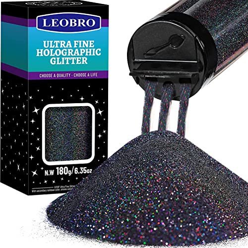 180G/6.35OZ Holographic Ultra Fine Glitter, 1/128 Resin Glitter Powder Sequins Flakes, Hair Face Body Nail LEOBRO Metallic Iridescent for Tumblers Art Crafts, Black