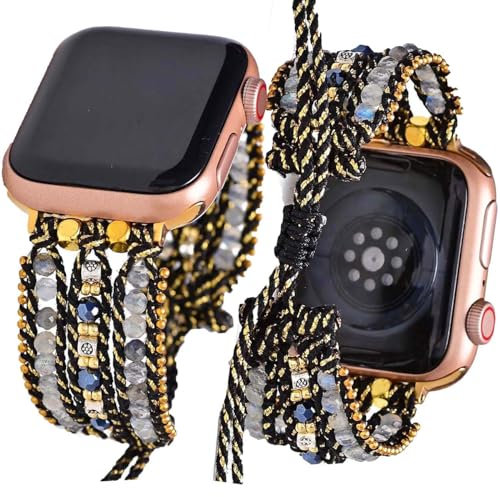 Somesame Damen-Boho-Perlen-Armbänder, kompatibel mit Apple Watch, 41 mm, 40 mm, 38 mm, verstellbarer Kordelzug, böhmisch, natürlicher Mondstein, handgefertigt, 2, 1