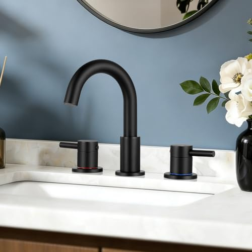 FGKQ Bathroom Faucet for Sink Tap, 3 Hole 8 inch Widespread Bathroom Basin Mixer Tap, 2 Handle High Arc Matte Black Bathroom Sink Faucets with Pop-Up Drain and Water Supply Lines