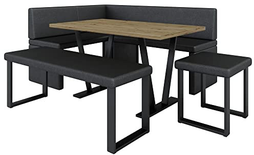 Eckbank Akiko Metal mit Tisch und Bänken - Eckbankgruppe für Ihrem Esszimmer, Küche modern, Sitzecke, Essecke. Perfekt für Küche, Büro und Rezeption. Solide Verarbeitung (Soft 11, 168x128 Links)