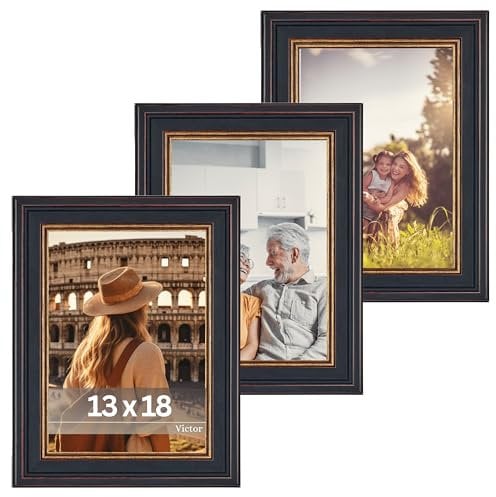 VictoR Bilderrahmen Goya in Schwarz Gold 3er Set in 13x18 cm - Leiste: 31x19mm - Fotorahmen im Vintage Stil mit bruchsicherem Acrylglas - Bilderrahmen 13x18 Schwarz