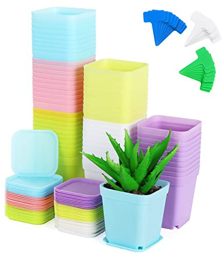 Moendergo Macetas de Plástico, 7cm Macetas de Interior Maceta de Vivero de Plántulas con Platillos para Decoración del Balcón Escritorio Oficina Jardín (Mezclar Colores)