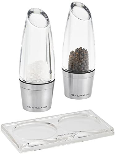 Cole & Mason 3-tlg. Salz- & Pfeffermühlen Set achsenlos 16 cm mit Edelstahlfuß mit Tablett aus Acryl