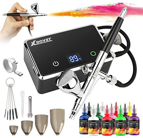 XDOVET Verbessertes 32 PSI Airbrush Set mit Farblack 12 Farben/30ml, Dual-Action Airbrush Set mit Modellbau Farbstoffe, Tragbares Airbrush Set mit Kompressor für Färbung
