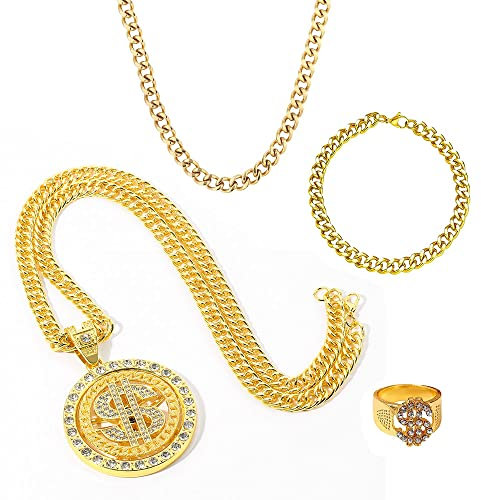 KingYH Hip Hop Costume Kit 4 Pieces Rotatable Dollar Sign Necklace Ring Set Fake Gold Chain Bracelet 80s/90s Hip Hop Fancy Dress Accessories for Kids Adult for Punk Masquerade Carnival Rapper Concert