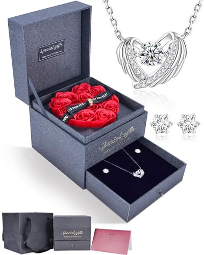 IMMORROSA Ewige Rose mit Schutzflügel-Kristall-Halskette aus 925er Silber und Kristallohrringe, Konservierte Rose Box Geschenk für Frau, Mama, Valentinstag, Geburtstag, Weihnachten, Jubiläumsgeschenk