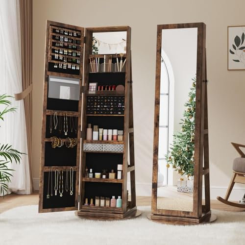 Dripex Rustic Brown Jewelry Organiser Mirror Wardrobe, 360° Swivel Jewelry Storage Wardrobe, Lockable, 3 in 1 Free Standing Mirror with Storage Shelves