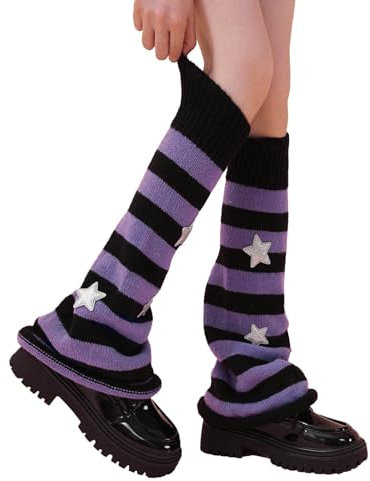 Leg Warmers for Women and Girls, Classic Star Pattern Striped Knitted Leg Warmers, Knee Length Warm Stacked Socks,Autumn And Winter Feet Versatile College Style Boot Leg Warmers (Purple, One Size)