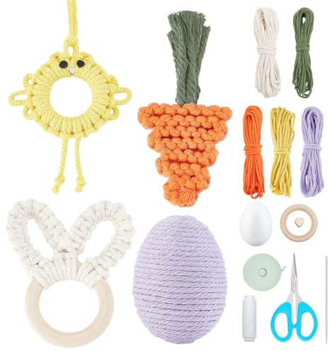 INFUNLY 4 Sets Kleine Makramee-Sets Für Erwachsene Und Anfänger Osterhasen-Makramee-Set DIY-Kaninchen-Karotten-Makramee-Herstellungsset Mit Schritt-Für-Schritt-Video-Anleitungen Für Heimdekoration
