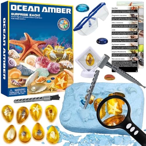 Set di Scavo di Ambra per Bambini, Fossili da Scavare Scienza e Gioco Minerali da Collezione, Esperimenti Scientifici per Bambini, Regali Giocattolo per Bambini Bambina 7 8 9 10 12 anni