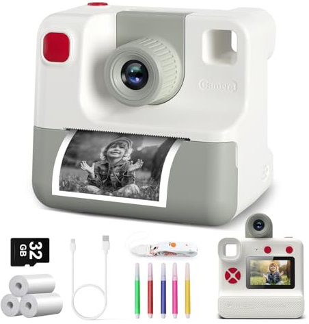 Camara Fotos Infantil Instantanea,Camara instanea para niños 1080P Cámara Instantánea con Tarjeta SD de 32GB,Bolígrafos de Colores y Papel de Impresión,Regalos Juguete (White)