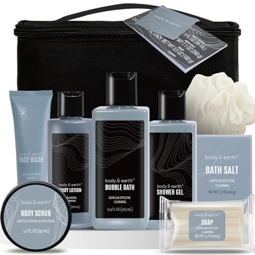 Body & Earth Bath and Gift Baskets for Men's Leather Bath Set with Body Lotion, Face Wash, Shower Gel, & More, Birthday and Father’s Day Gifts