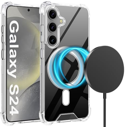 Magnetische Handyhülle für Samsung Galaxy S24 Hülle für Mag-Safe mit Samsung S24 Schutzfolie, Stoßfeste Transparent S24 Handytasche Case Magnet Durchsichtige Schutzhülle für Samsung Galaxy S24 (B)
