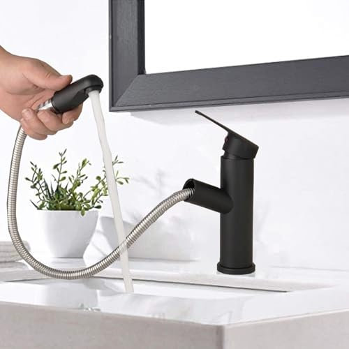 Basin Tap, Washbasin Faucet with 2 Functions Hot & Cold, Black Pull-Out Mixer Bathroom Faucet Swivel Single Handle Sink Taps with 40 Pull Out Hose, Stainless Steel Lever Basin Tap with Standard Hoses