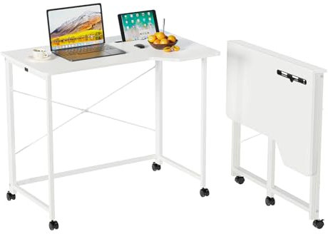 CHOWGOLI Bureau Pliable 90x56x75cm, Table de Bureau avec Fente pour Carte, Bureau Ordinateur Mobile avec 4 roulettes, Bureau Pliable Petit Espace, Design Compact et Pratique - Blanc
