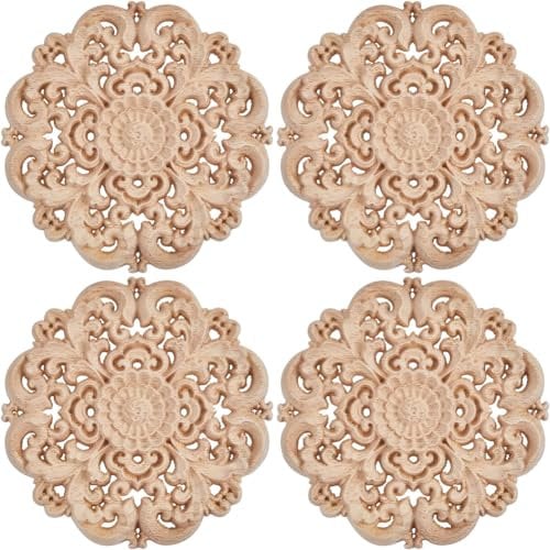 GORGECRAFT 4 Pieza de Apliques de Madera Redondos Onlays de 10cm Tallas de Flores Talladas En Madera Sin Pintar Calcomanías Decorativas para Pared Armario Espejo Repisa Puerta Cama Gabinete Techo