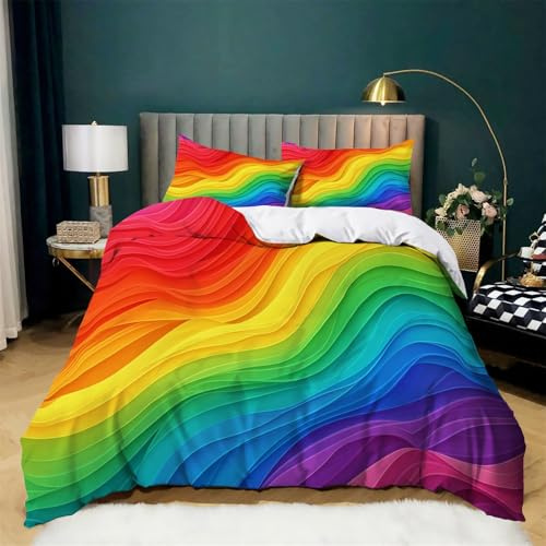 CozyRest Bettbezug Set 3teilig 135x200 cm, Bunter Regenbogen Farbecht Bettwäsche-Set Wellentextur Mädchen Junge Kinder Deluxe Weiche Bettbezug mit Reißverschluss und Kissenbezüge