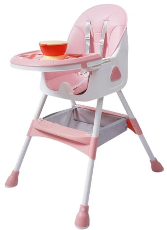 Hochstuhl Baby, Kinderhochstuhl mit Tablett für essen, Baby essen Stuhl, Hochstuhl Klappbar mit Unterer Aufbewahrungskorb,Halbliegende Position (Rosa)