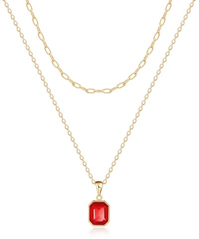 Mesovor Gold Kristall Halsketten für Damen im Trend, 18K Vergoldete Büroklammer Kette | Geburtsstein-Halskette, Schmuckgeschenke (Rot)