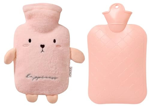 Cute Animal Mini Hot Water Bottle 500ml - Fluffy Kids Hot Water Bag for Neck & Shoulder Pain Relief (Pink)