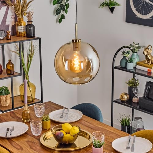 HOFSTEIN Hängeleuchte Koyoto, 1-flammige Hängelampe aus Metall/Glas in Schwarz/Gold-/Bernsteinfarben, moderne Pendelleuchte im Retro/Vintage-Design (Ø 30 cm), E27, Esszimmer, Wohnzimmer, Küche