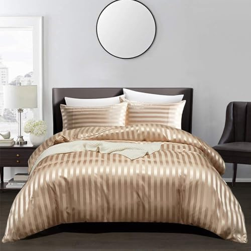 Timween Italian Style Luxury Satin Duvet Cover Set, King Size, Khaki, Striped Pattern, 3 Piece Set (Duvet Cover, 2 Pillowcases), Satin, Polyester, 1 Count
