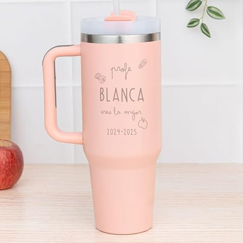 Wanapix | Taza Térmica XL Personalizada de Doble Capa | Capacidad 1,2 L | Conserva Frío y Calor Horas | Color Rosa | Personaliza mediante Grabado | Profe