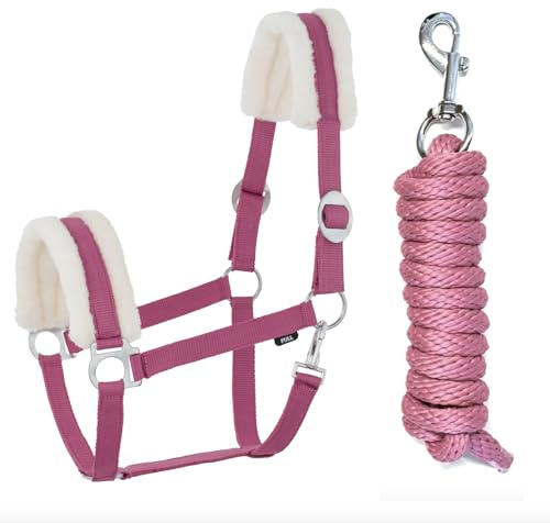 JA Horse Kunstfell Halfter Führstrick Set mit Karabinerhaken verstellbar Pferdehalfter Pferd Holzpferd Anbindestrick (Kunstfell Karabinerhaken Pink, Pony)