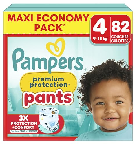 Pampers Premium Protection Pants Größe 4, 82 Windeln, 9 kg - 15 kg, mit einem 360°-Halt und weichen Auslaufbarrieren, 2 mal breiter als vorne für Komfort und Schutz