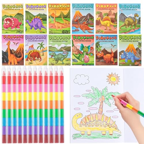 Phlognfy Dinosaurier Malbuch Set, 12 Mini Malbücher Kinder + 12 Wachsmalstifte Stapelbar (8 Farben in 1), Dinosaurier Party Mitgebsel, für Mädchen Jungen Dino Kindergeburtstag Geschenke