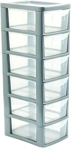 KYY'Z - Mini 6 Drawers Storage Unit - Modular Plastic Drawer Tower for Home Office Garage Craft Room Stationery Tools Storage - Stackable Space Saving Durable Organizer Solution (Silver/Clear)