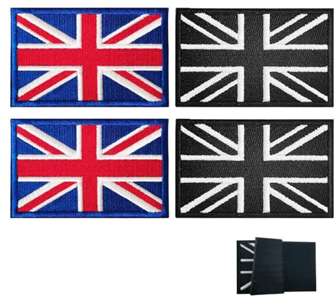 2 Pcs Blue and 2Pcs Black Great Britain Flag Patch Stickers with The United Kingdom Emblem for Jackets Pants Hats Backpacks for Military Fans and Outdoor Enthusiasts 8x5 cm / 3.1x1.9 inches