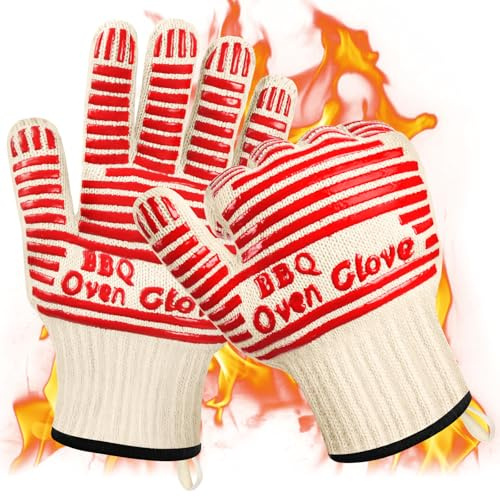 AUAUY 1 Paar Hitzebeständige Küchenhandschuhe, Silikon, Rot-27cm | Grillhandschuhe Sofortschutz bis 500 °C, Rutschfeste Strickhandschuhe Fünf Fingern, Ofenhandschuhe für Backen, Küche, Grillen
