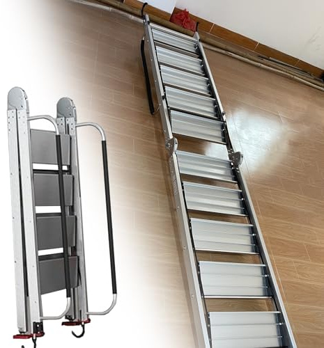 EXCLURA Dachbodentreppe Aluminium-Klappdachbodenleiter 2,5 m Bis 4 m, Schuppen-Dachbodenleiter für Kleine Räume/Tiny Home, Universelle Dachbodentreppe, Feuerleiter(9 ft/2.75 m-9 Steps)