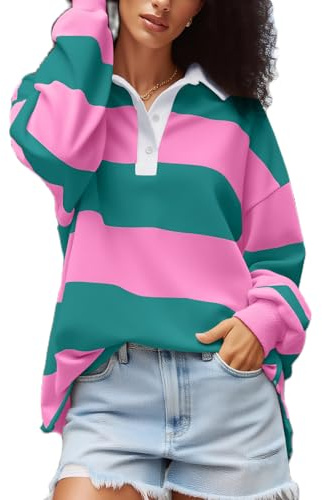 Amiblvowa Rugby Shirt Women Striped Collared Long Sleeve Polo Shirts Oversized Color Block Sweatshirt Vintage Pullover Top