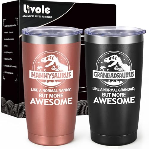 Livole Grandparents Gifts, Christmas Presents for Grandparents, Grandad, Grandpa, Granny, Nanny Mug, Nannysaurus, Grandadsaurus, Nanny and Grandad Gifts, 20oz 600ml Insulated Coffee Mug Set of 2