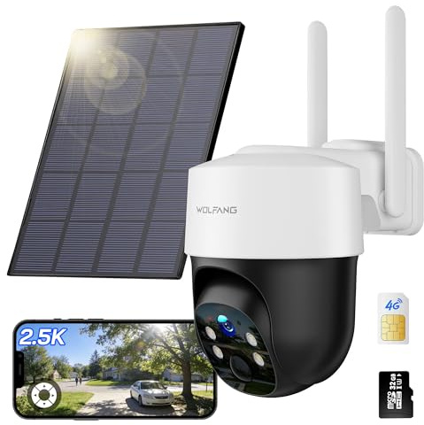 WOLFANG 4G Security Camera, Solar Powered CCTV with SIM Card, Camera Wireless Outdoor, No WiFi Needed, Night Vision, 2.5K, Local Recording, 2-Way Audio, PIR Motion, 32GB SD Card Included